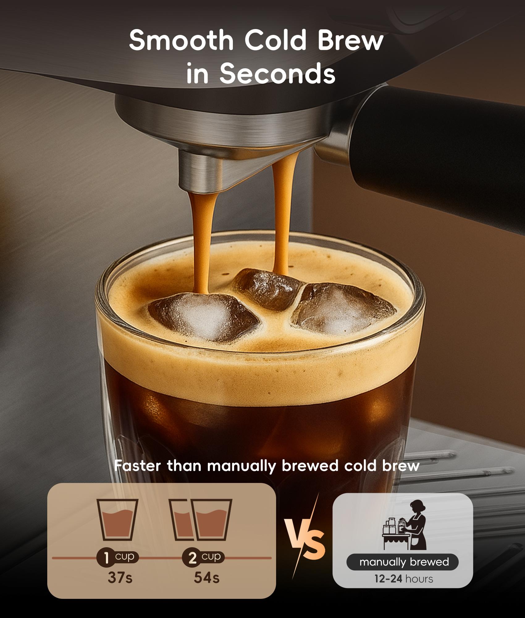 ecozy 4-in-1 Espresso Machine with Milk Frother, LED Touch Screen, 20 Bar Pump Espresso Maker, 50oz Removable Tank, Compact Stainless Steel, Drip Coffee, Cold Brew and Over lce Coffee Machine for Home Coffee Bar, Office, Latte, Cappuccino, Macchiato