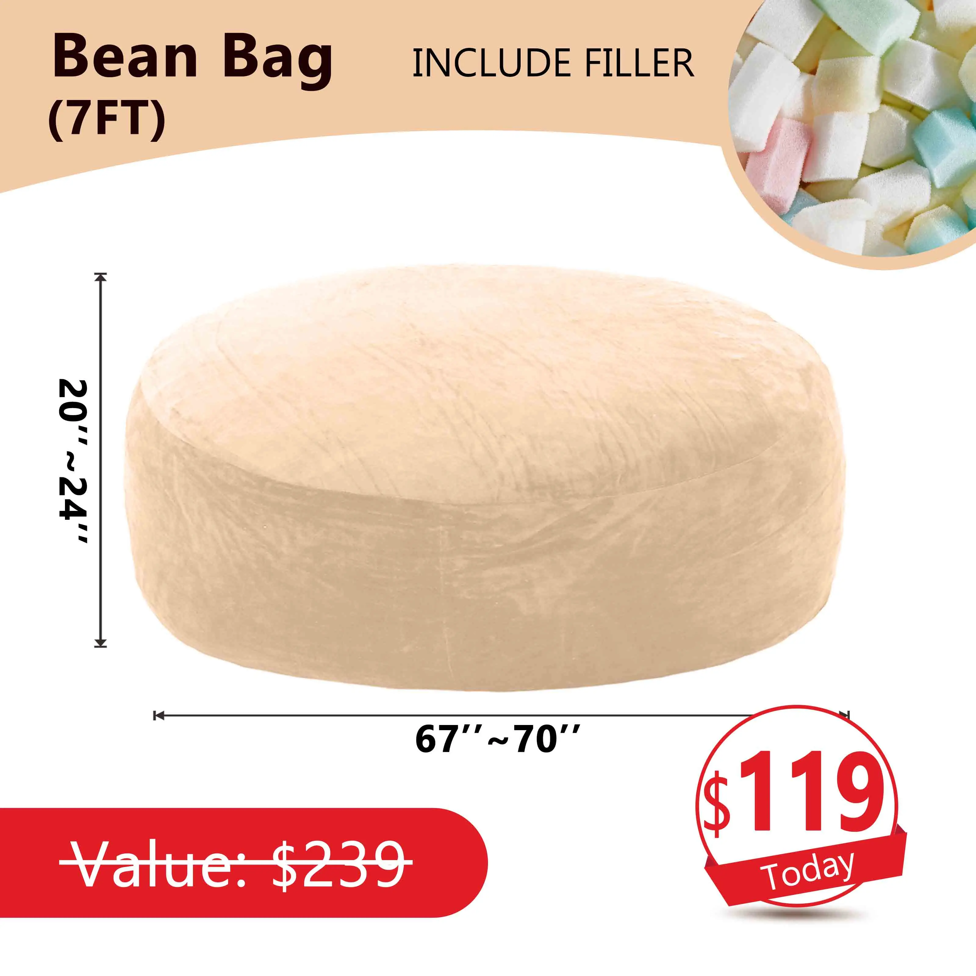 Sofá tipo puf (con relleno incluido): 1,5 m / 2,1 m (incluye 3 regalos gratis)