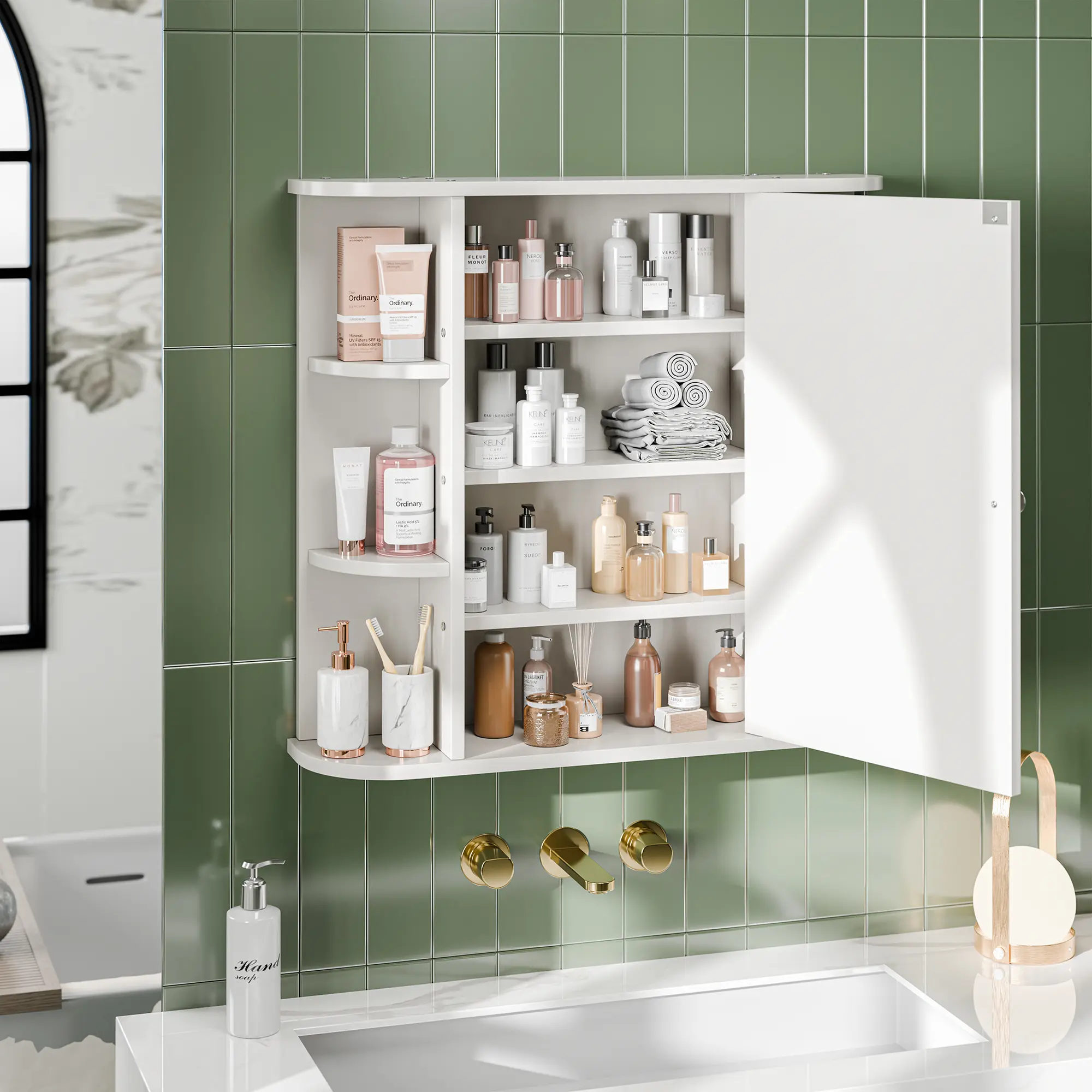 Mueble de baño mural con puertas de espejo y 6 estantes abiertos ajustables.