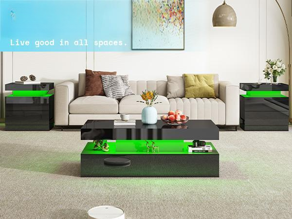 [TWO TABLES IN ONE BOX]VanAcc High Gloss Nightstand Set of 2 with Charging Station, Modern Bedside Table with LED Lights by App and Remote  Control, Sofa End Side Tables with Drawers, Minimalist Night Stand for Bedroom, Living Room #SohoChic