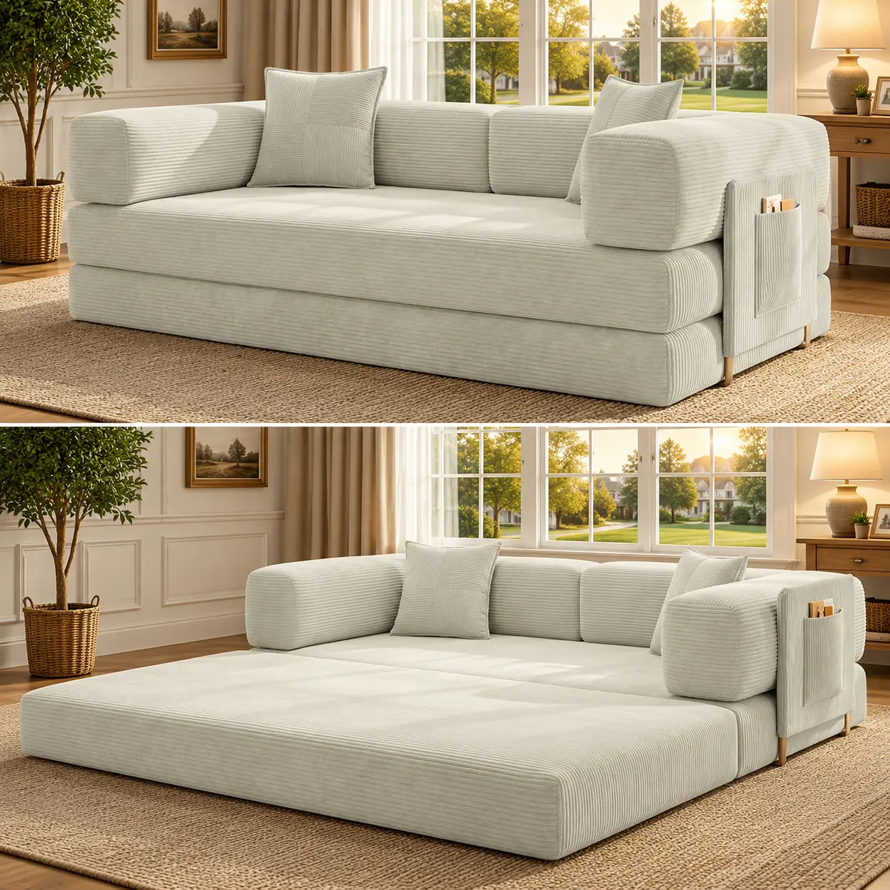 Sofá cama convertible de pana de 78,8 pulgadas, sin estructura, que no requiere montaje e incluye bolsas de almacenamiento.