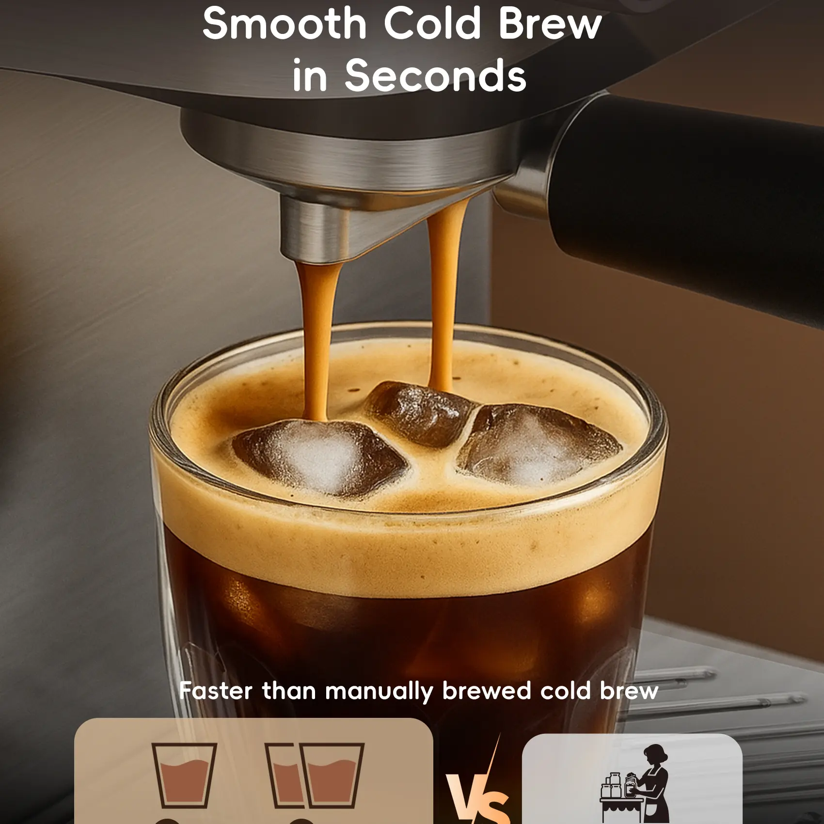 Esta cafetera espresso 4 en 1 cuenta con espumador de leche, pantalla táctil LED, bomba de 20 bares, depósito de agua extraíble de 1,5 litros y un diseño compacto de acero inoxidable. Permite preparar café de filtro, café frío y café caliente, así como la