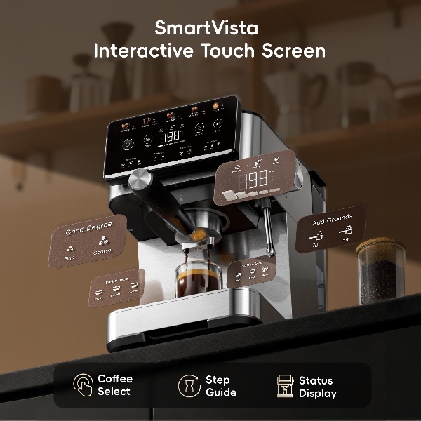 Esta cafetera espresso 4 en 1 cuenta con espumador de leche, pantalla táctil LED, bomba de 20 bares, depósito de agua extraíble de 1,5 litros y un diseño compacto de acero inoxidable. Permite preparar café de filtro, café frío y café caliente, así como la