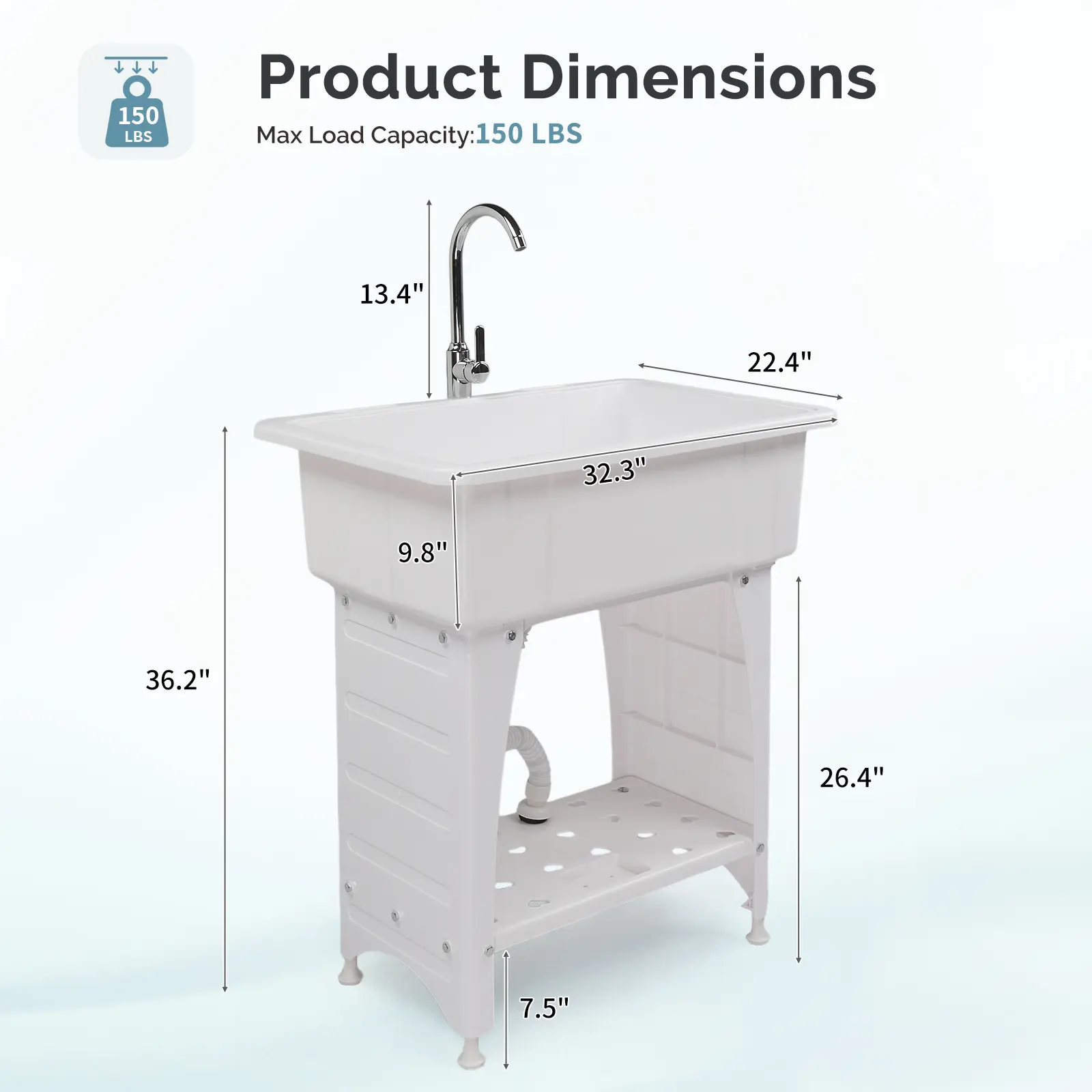 Fregadero multifuncional con grifo y estante, patas de plástico y metal.