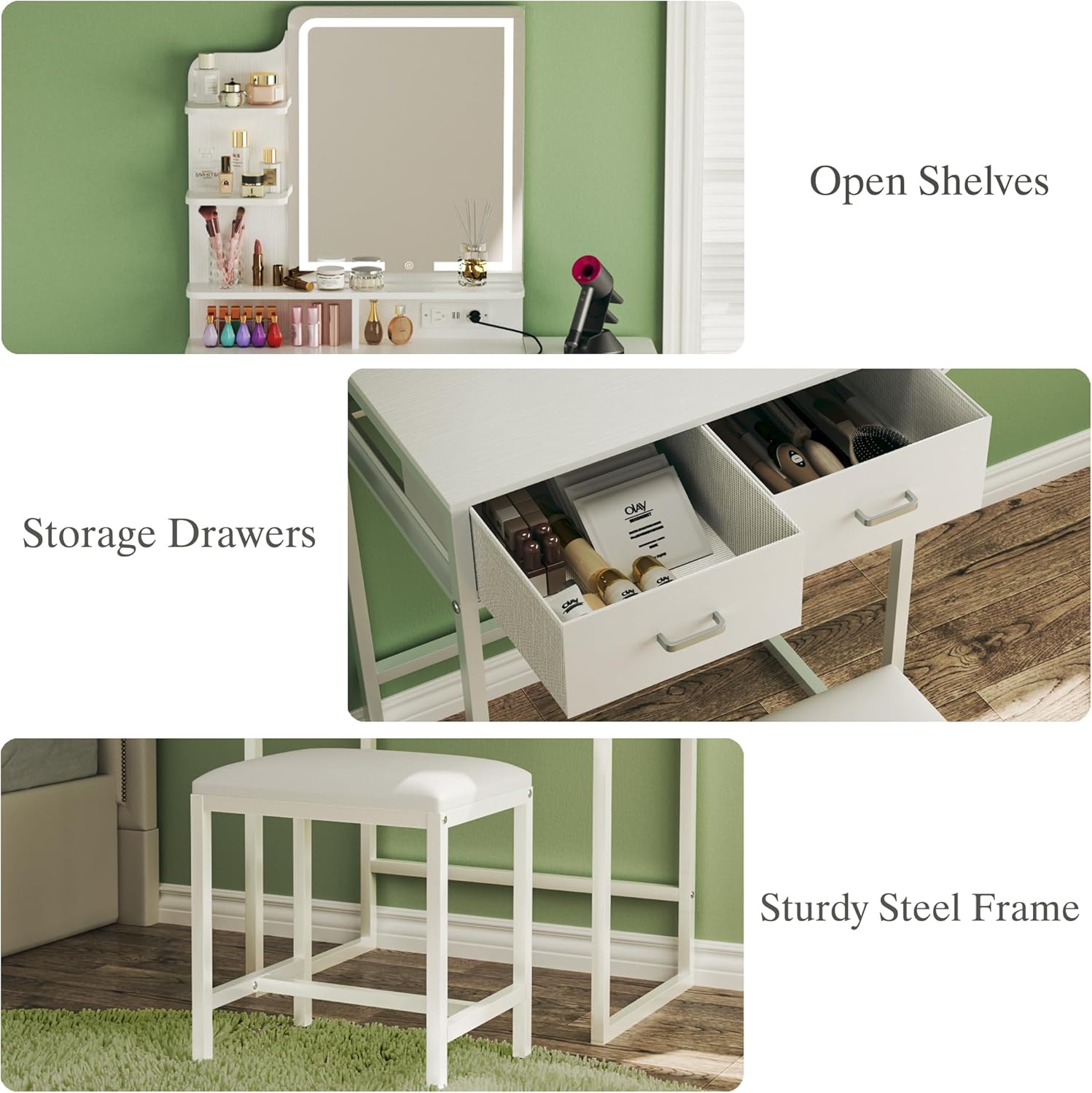 【Summergarden】Makeup Vanity Desk with Mirror and Lights, Small Makeup Vanity with Fabric Storage Drawer & Chair & Shelves, White Vanity with Fold-up Panel and Power Outlet for Bedroom