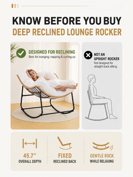 【Tela de doble cara】 Mecedora extragrande para interior/exterior, cómoda tumbona reclinable de ratán, silla moderna para leer y relajarse.