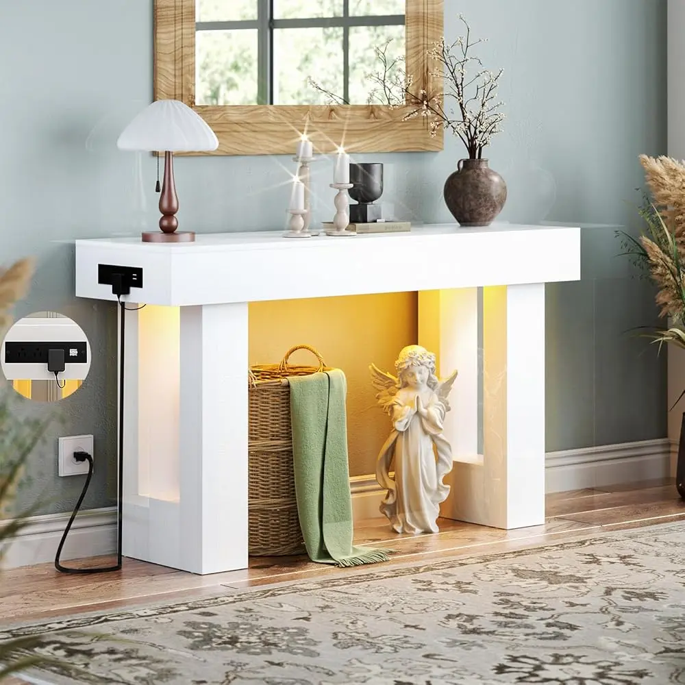 Mesa consola de estilo rústico de 47 pulgadas con toma de corriente y luz con sensor de movimiento, mesa de entrada/sofá de madera.