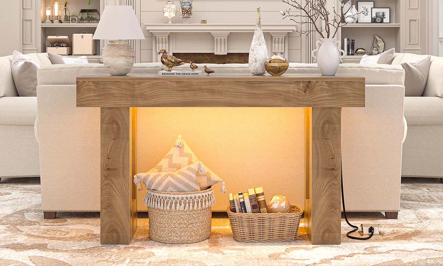 47'' Farmhouse Console Table with Power Outlets and Motion Sensor Light, Wooden Entryway Table Sofa Table for Entrance, Hallway, Living Room