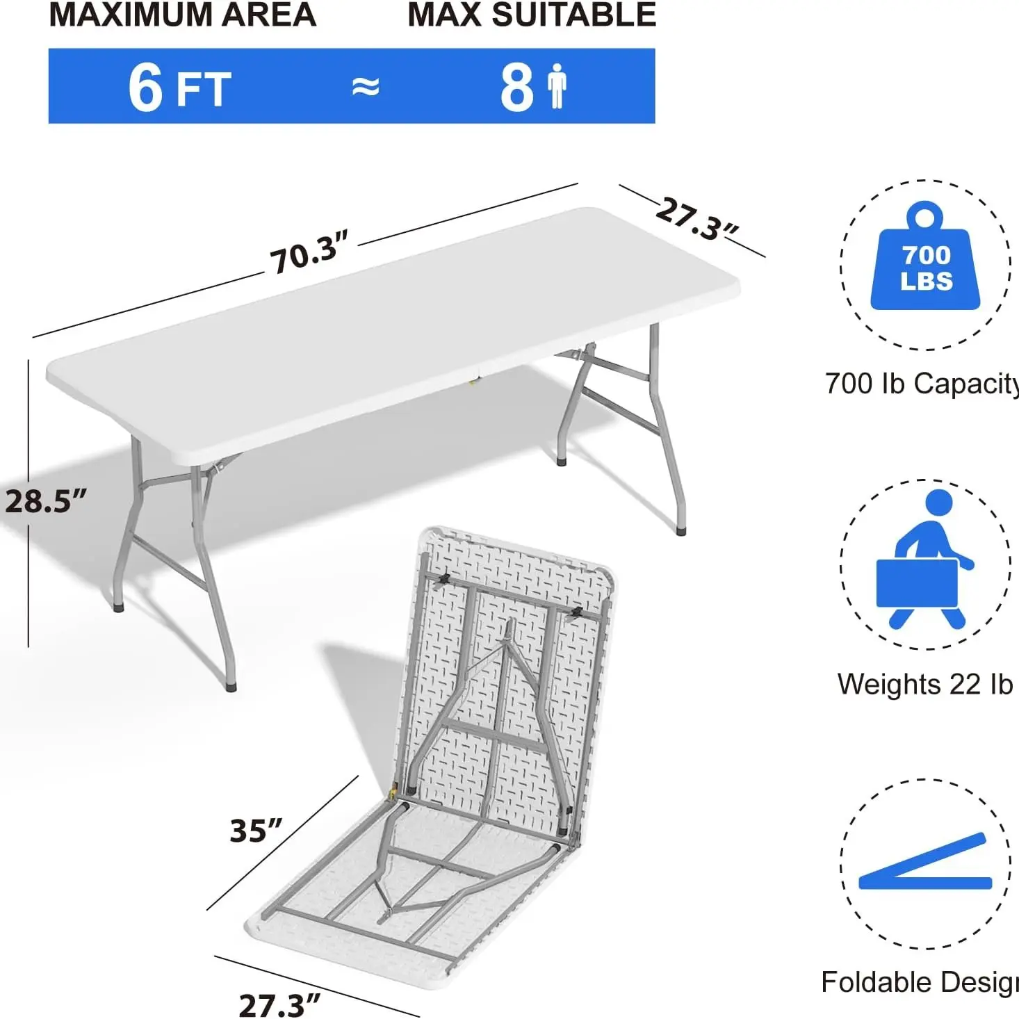 Mesa plegable de plástico para exteriores, ligera y duradera, de 76 cm/122 cm/183 cm, con asas, 11,6 kg, tablero impermeable, patas robustas y seis sillas incluidas.