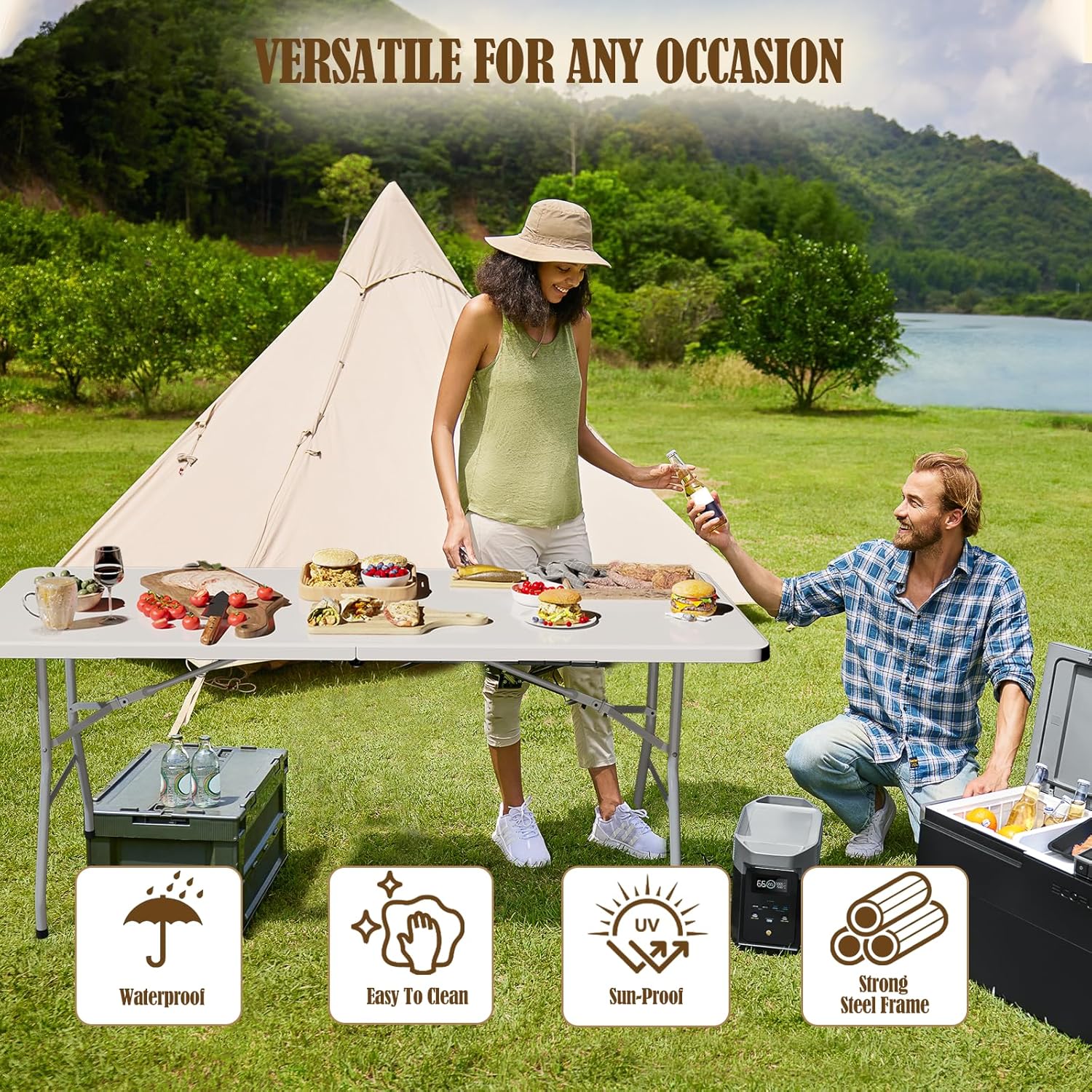 2.5FT / 4FT / 6FT Lightweight Heavy-Duty Fold-in-Half Plastic Outdoor Folding Table with Carrying Handle, 25.6lb, Waterproof Top, Wobble-Free Legs, Outdoor Patio Table for Indoor Dining, Picnic, Fits Small Spaces