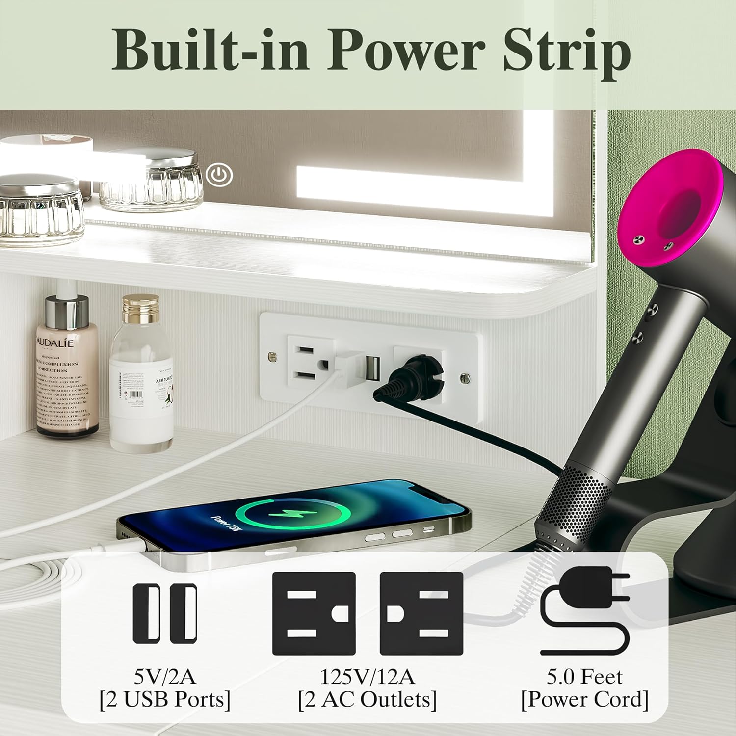 【Summergarden】Makeup Vanity Desk with Mirror and Lights, Small Makeup Vanity with Fabric Storage Drawer & Chair & Shelves, White Vanity with Fold-up Panel and Power Outlet for Bedroom
