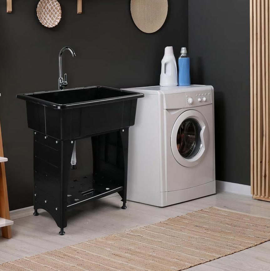 KARLHOME Multi-functional Washing Sink Laundry Basin with Faucet & Shelf Plastic & Metal Feet for Laundry Room, Outdoor, Garden, Garage Utility Sink with Drainboard Movable Storage Shelf