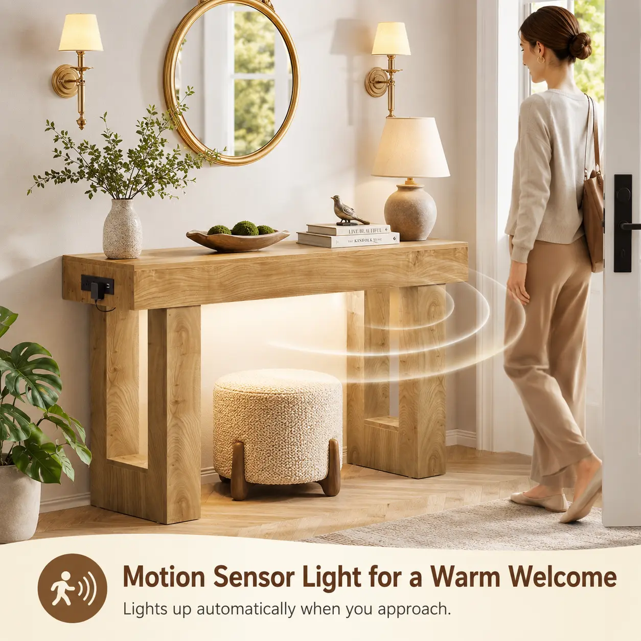 Mesa consola de estilo rústico de 47 pulgadas con toma de corriente y luz con sensor de movimiento, mesa de entrada/sofá de madera.