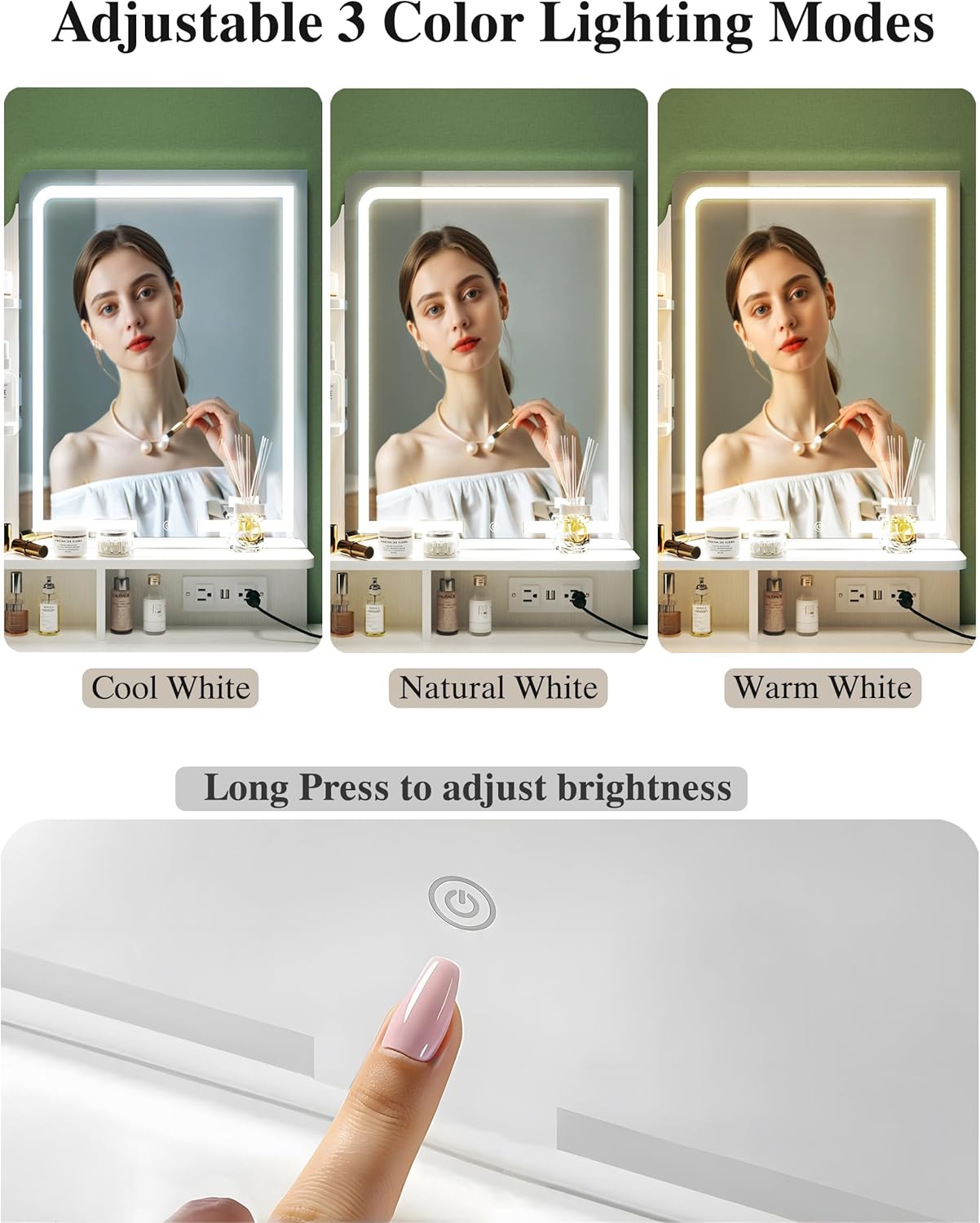 【Summergarden】Makeup Vanity Desk with Mirror and Lights, Small Makeup Vanity with Fabric Storage Drawer & Chair & Shelves, White Vanity with Fold-up Panel and Power Outlet for Bedroom