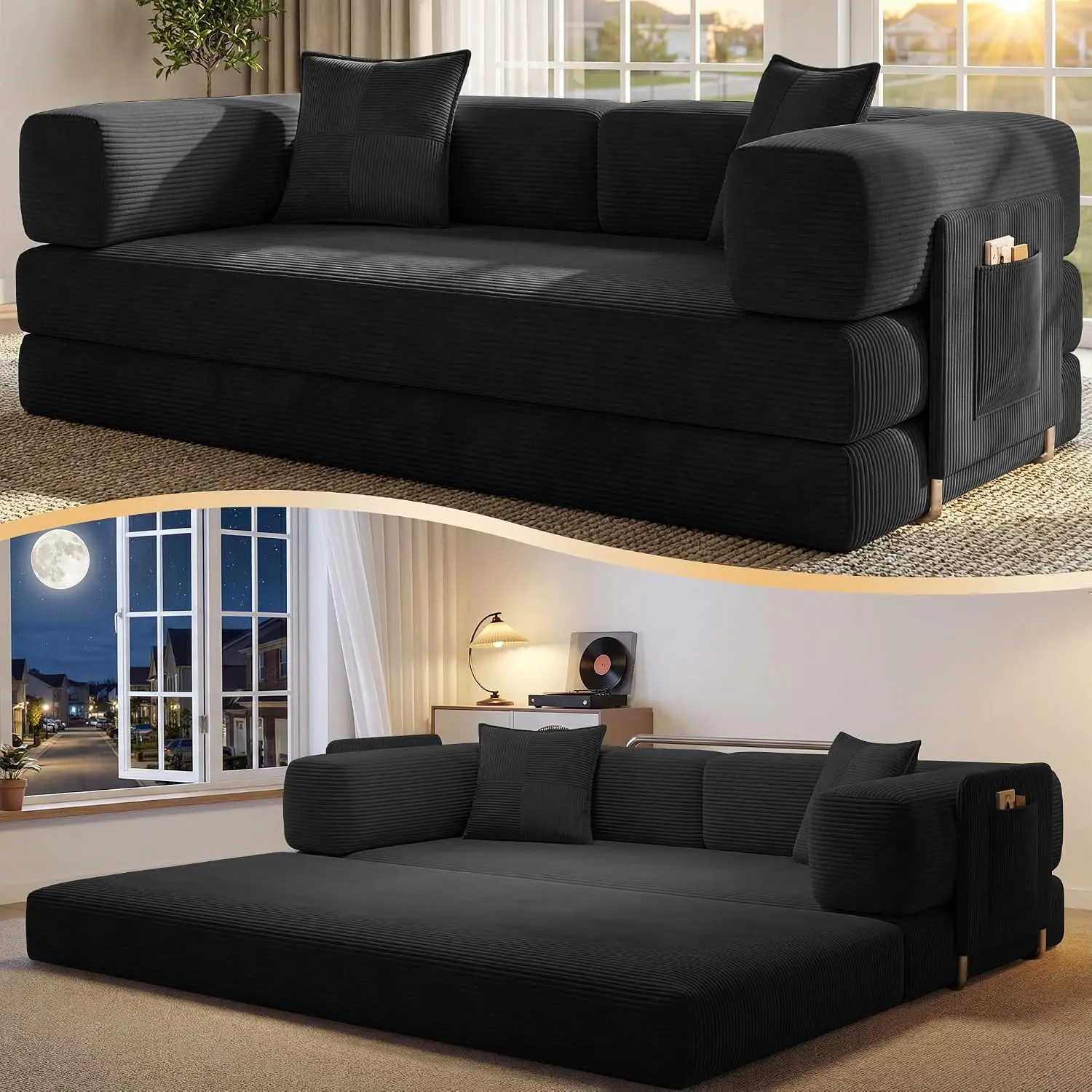 Sofá cama convertible de pana de 78,8 pulgadas, sin estructura, que no requiere montaje e incluye bolsas de almacenamiento.