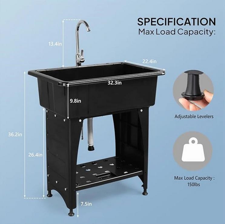 KARLHOME Multi-functional Washing Sink Laundry Basin with Faucet & Shelf Plastic & Metal Feet for Laundry Room, Outdoor, Garden, Garage Utility Sink with Drainboard Movable Storage Shelf
