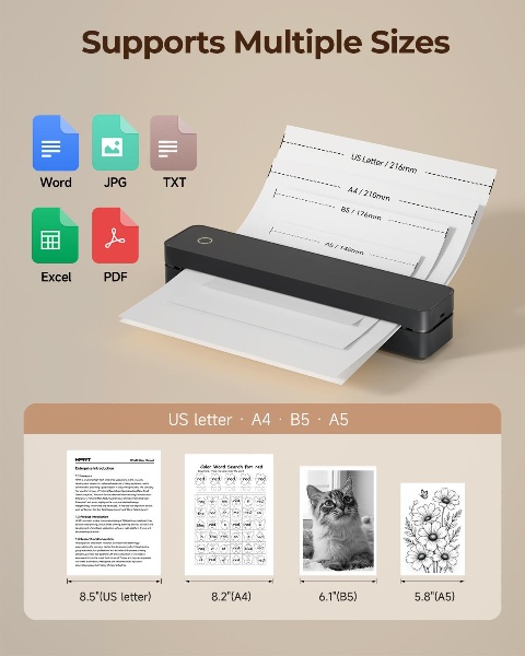 Portable Wireless Thermal Printer for Travel - Supports 8.5"x11" US Letter & A4 Thermal Paper, Inkless Bluetooth Document Printer for Laptop, PC & Mobile Devices