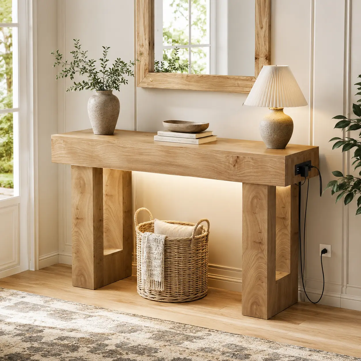 Mesa consola de estilo rústico de 47 pulgadas con toma de corriente y luz con sensor de movimiento, mesa de entrada/sofá de madera.