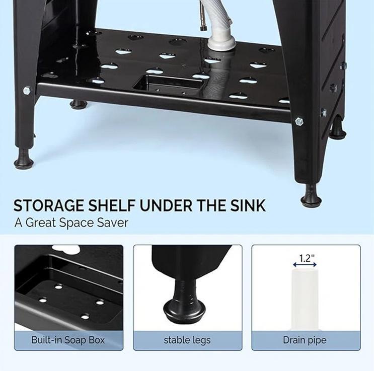 KARLHOME Multi-functional Washing Sink Laundry Basin with Faucet & Shelf Plastic & Metal Feet for Laundry Room, Outdoor, Garden, Garage Utility Sink with Drainboard Movable Storage Shelf