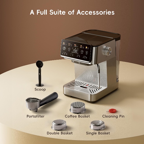 Esta cafetera espresso 4 en 1 cuenta con espumador de leche, pantalla táctil LED, bomba de 20 bares, depósito de agua extraíble de 1,5 litros y un diseño compacto de acero inoxidable. Permite preparar café de filtro, café frío y café caliente, así como la