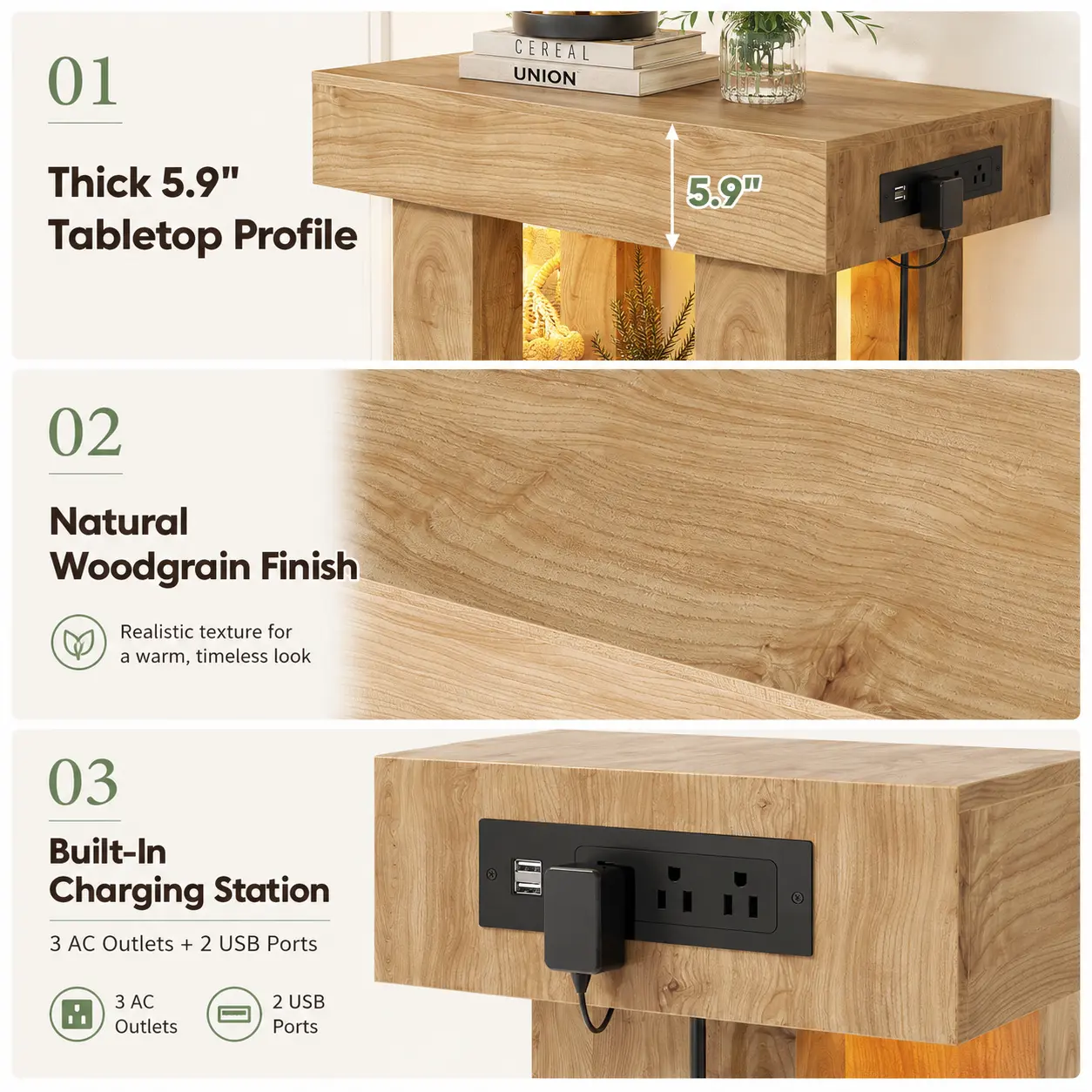 Mesa consola de estilo rústico de 47 pulgadas con toma de corriente y luz con sensor de movimiento, mesa de entrada/sofá de madera.