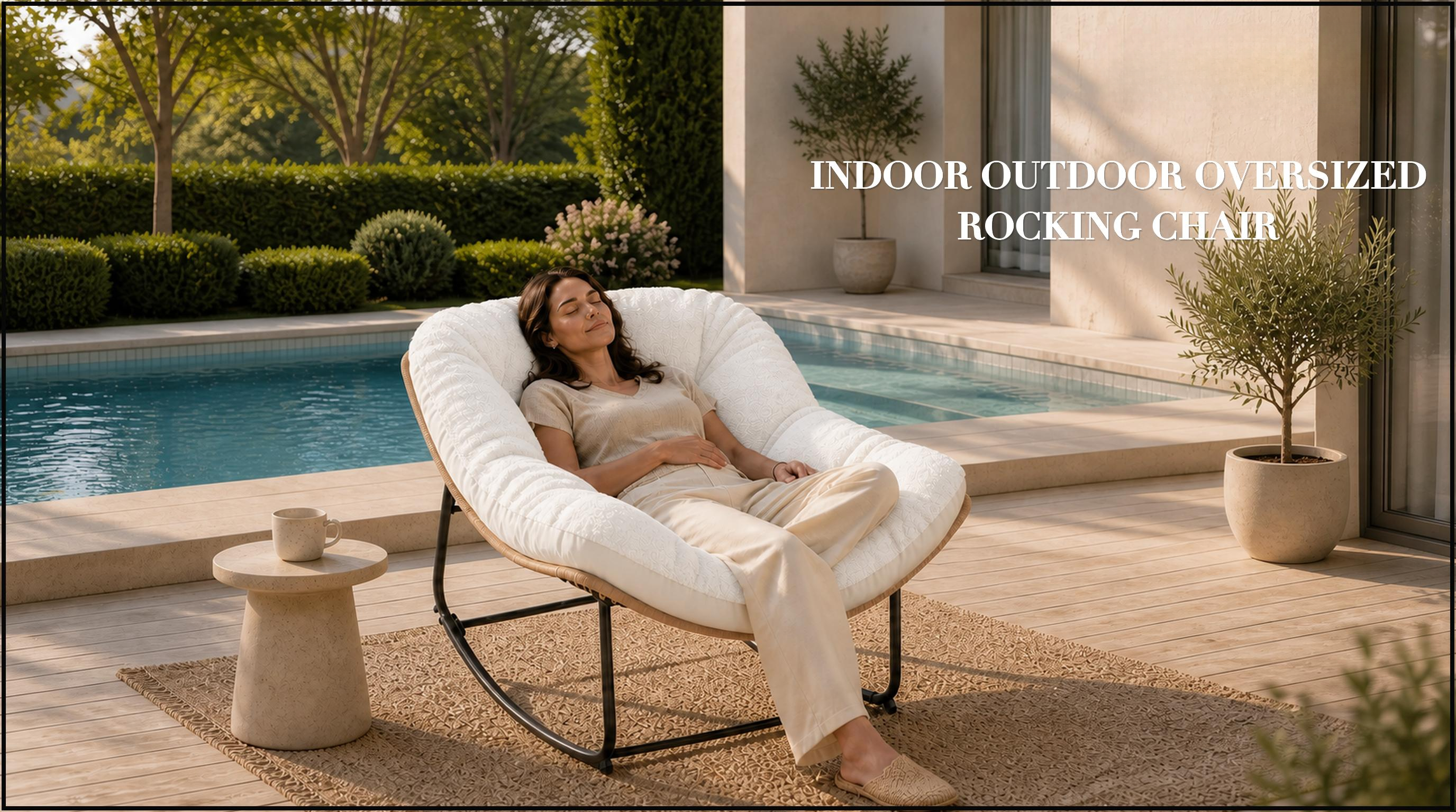【Double-Side Fabric】ONBRILL Oversized Indoor Outdoor Rocking Chairs, Comfy Papasan Rocking Chair with Padded Cushion, Rattan Wicker Lounge Chair, Modern Reading Accent Chair for Balcony Garden, LivingRoom Furniture,Christmas Gift【BackToSchool】