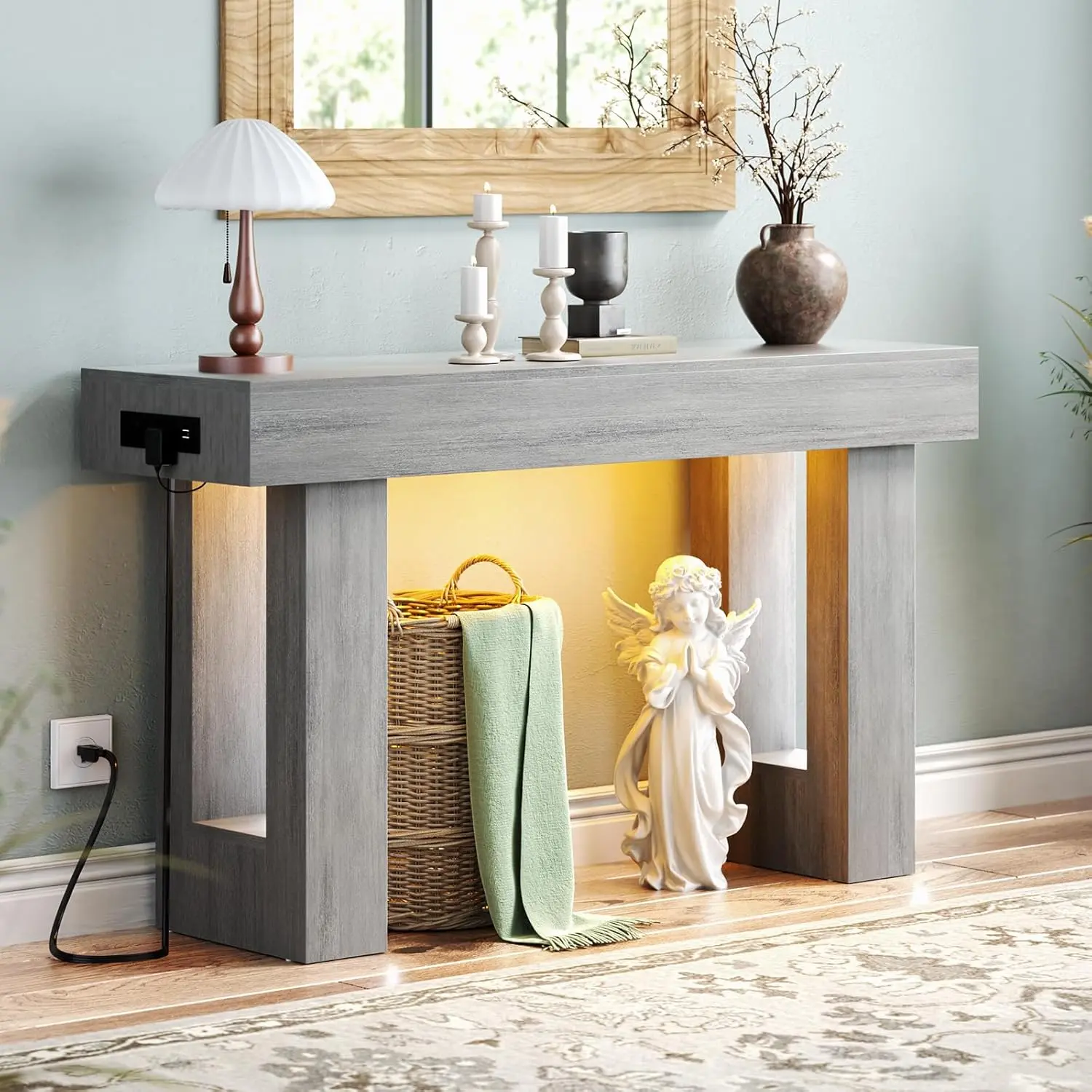 Mesa consola de estilo rústico de 47 pulgadas con toma de corriente y luz con sensor de movimiento, mesa de entrada/sofá de madera.