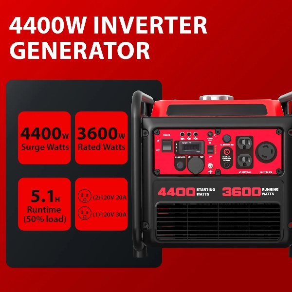 Generador inversor portátil de 4300-4500 vatios, alimentado por gasolina, equipado con un sensor de monóxido de carbono, conforme a la normativa EPA.