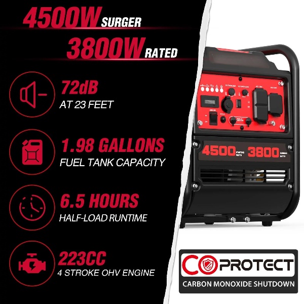 Generador inversor portátil de 4300-4500 vatios, alimentado por gasolina, equipado con un sensor de monóxido de carbono, conforme a la normativa EPA.