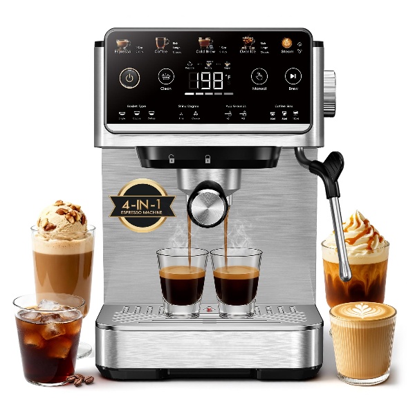 Esta cafetera espresso 4 en 1 cuenta con espumador de leche, pantalla táctil LED, bomba de 20 bares, depósito de agua extraíble de 1,5 litros y un diseño compacto de acero inoxidable. Permite preparar café de filtro, café frío y café caliente, así como la