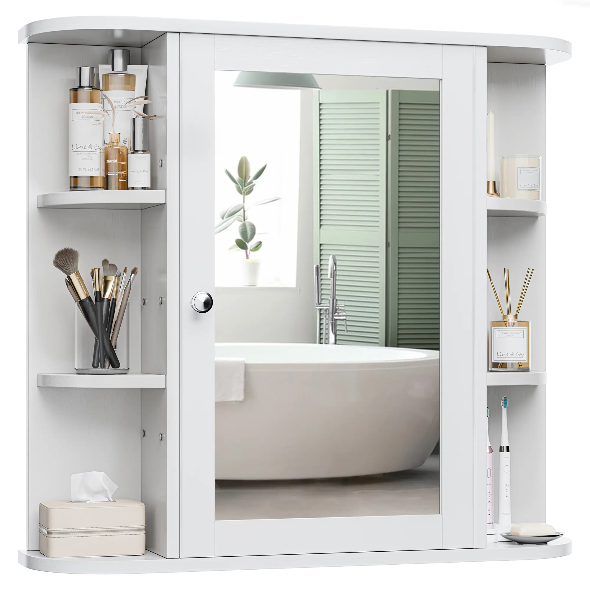 Mueble de baño mural con puertas de espejo y 6 estantes abiertos ajustables.