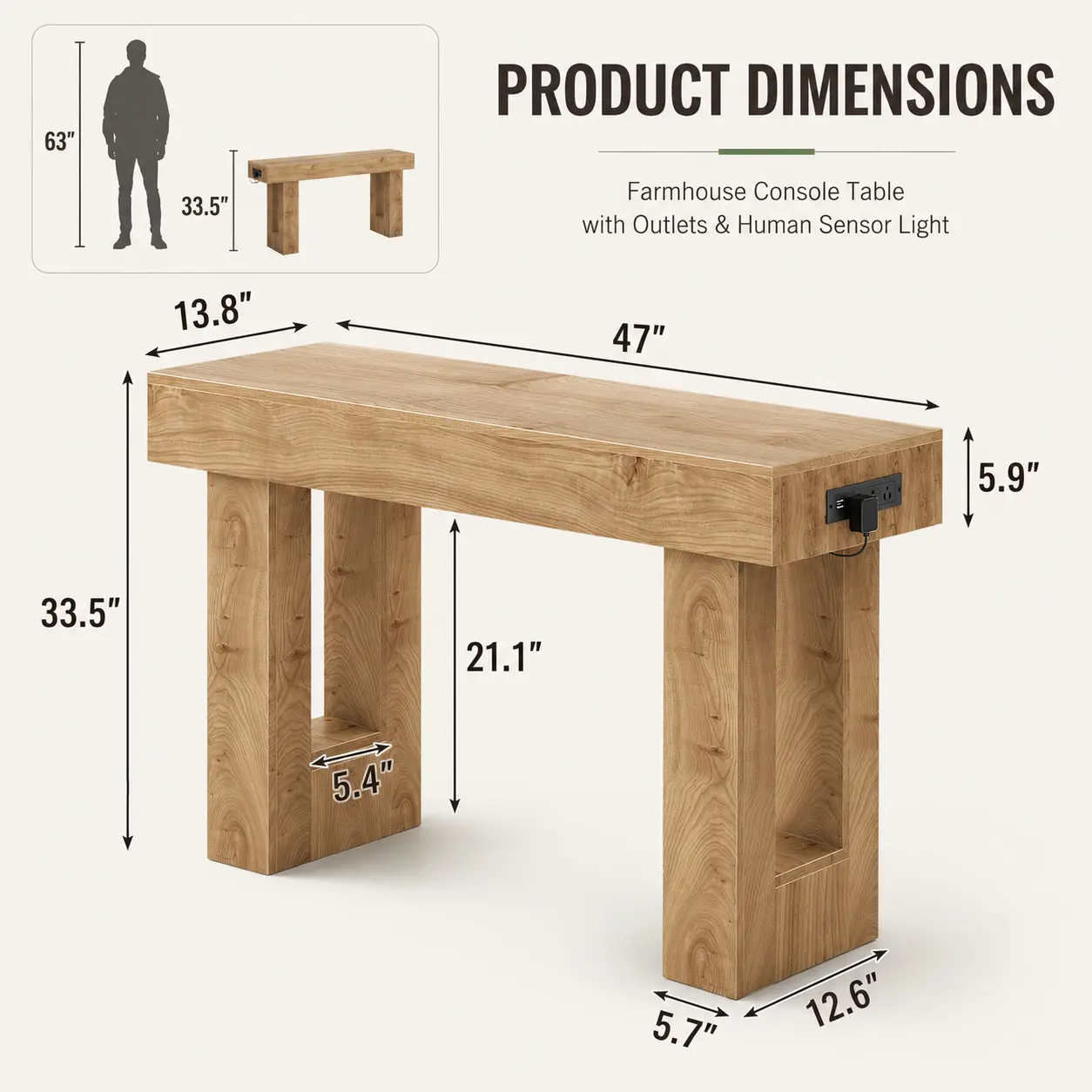 Mesa consola de estilo rústico de 47 pulgadas con toma de corriente y luz con sensor de movimiento, mesa de entrada/sofá de madera.