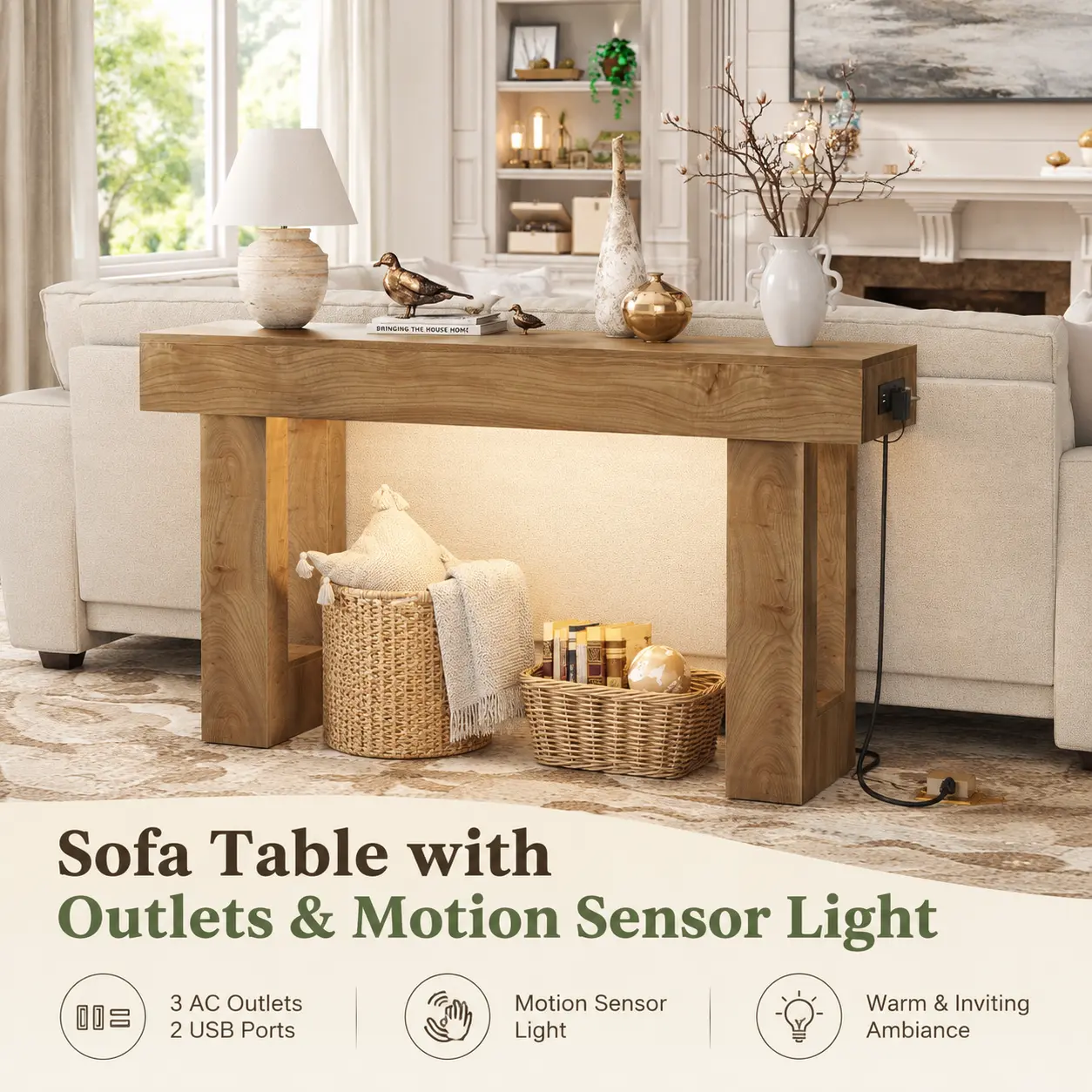 Mesa consola de estilo rústico de 47 pulgadas con toma de corriente y luz con sensor de movimiento, mesa de entrada/sofá de madera.