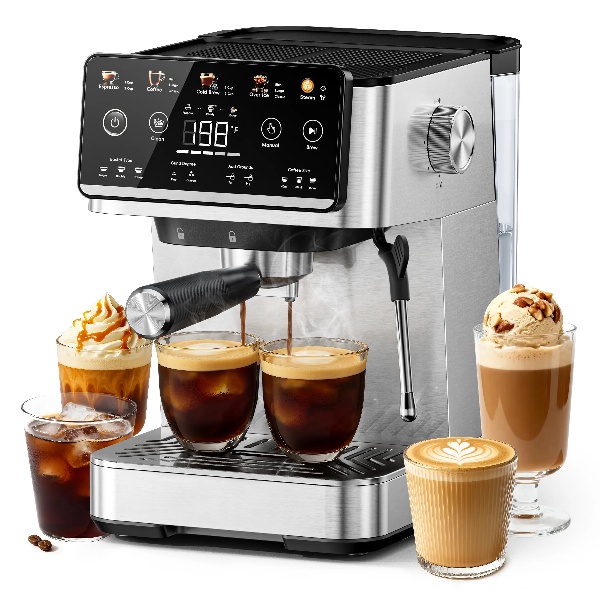 Esta cafetera espresso 4 en 1 cuenta con espumador de leche, pantalla táctil LED, bomba de 20 bares, depósito de agua extraíble de 1,5 litros y un diseño compacto de acero inoxidable. Permite preparar café de filtro, café frío y café caliente, así como la
