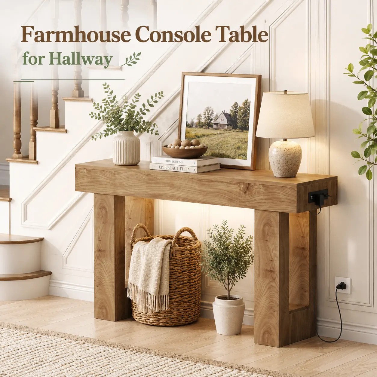 Mesa consola de estilo rústico de 47 pulgadas con toma de corriente y luz con sensor de movimiento, mesa de entrada/sofá de madera.