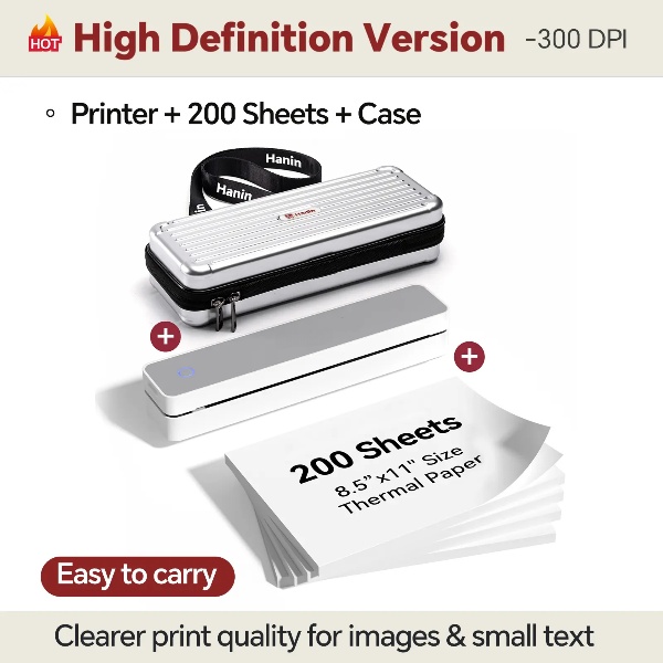 Impresora térmica inalámbrica portátil: admite papel tamaño carta estadounidense de 8,5" x 11" y papel térmico A4; impresora de documentos Bluetooth sin tinta.