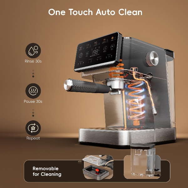 Esta cafetera espresso 4 en 1 cuenta con espumador de leche, pantalla táctil LED, bomba de 20 bares, depósito de agua extraíble de 1,5 litros y un diseño compacto de acero inoxidable. Permite preparar café de filtro, café frío y café caliente, así como la