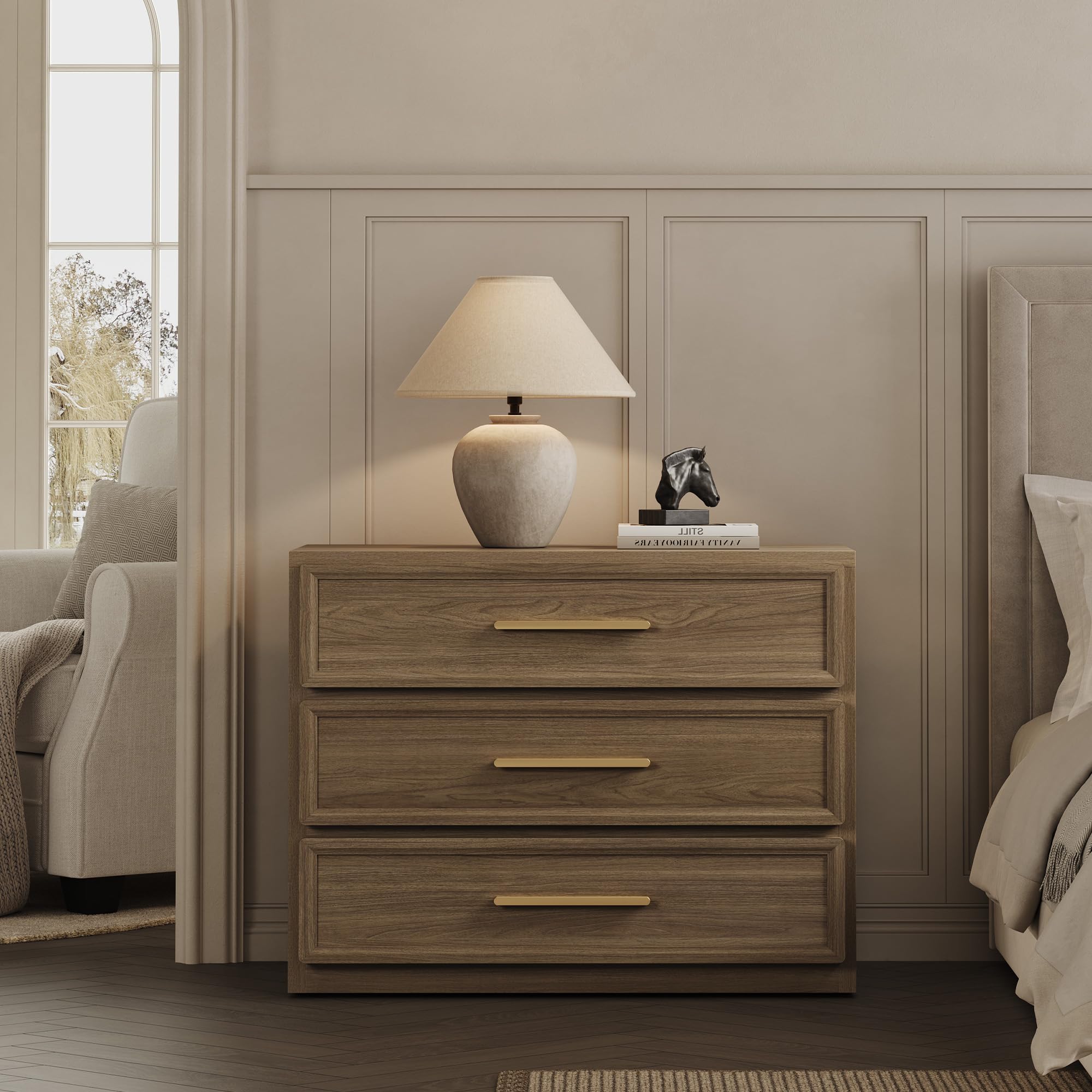 「SohoChic」SICOTAS Night Stand Oversized Extra Large Nightstand Tall Bedside Side Table with 3 Drawers with Storage Modern End Table with Golden Handles Night Stands for Bedroom Sofa Couch Office,dorm essentials,home decor