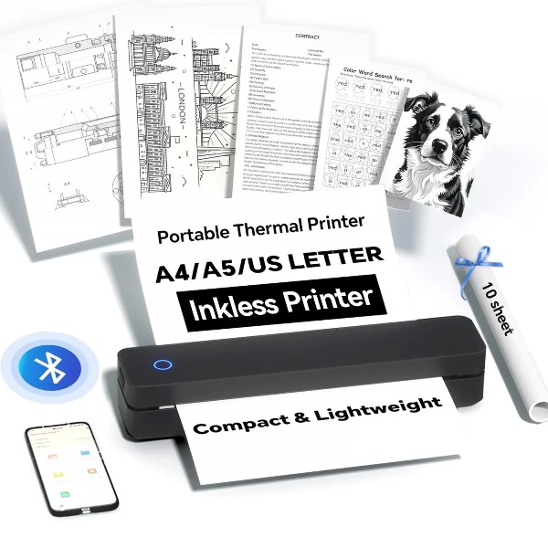 Impresora térmica inalámbrica portátil: admite papel tamaño carta estadounidense de 8,5" x 11" y papel térmico A4; impresora de documentos Bluetooth sin tinta.