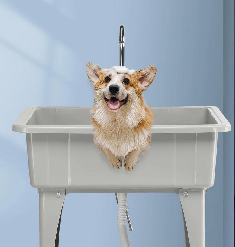 KARLHOME Multi-functional Washing Sink Laundry Basin with Faucet & Shelf Plastic & Metal Feet for Laundry Room, Outdoor, Garden, Garage Utility Sink with Drainboard Movable Storage Shelf