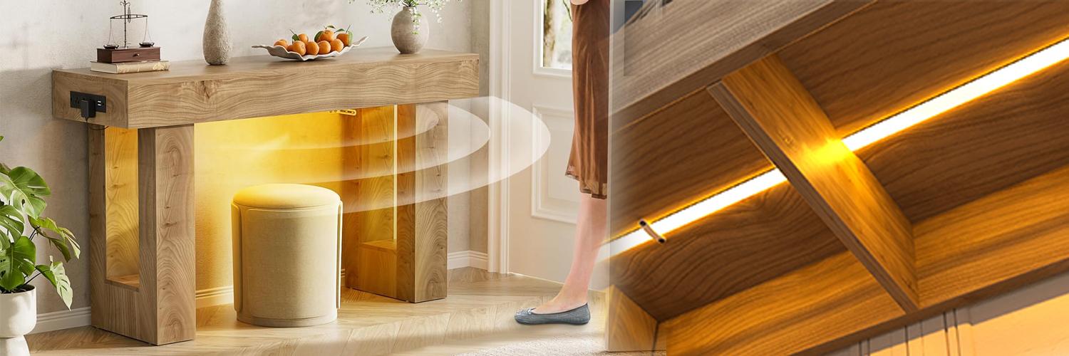 47'' Farmhouse Console Table with Power Outlets and Motion Sensor Light, Wooden Entryway Table Sofa Table for Entrance, Hallway, Living Room
