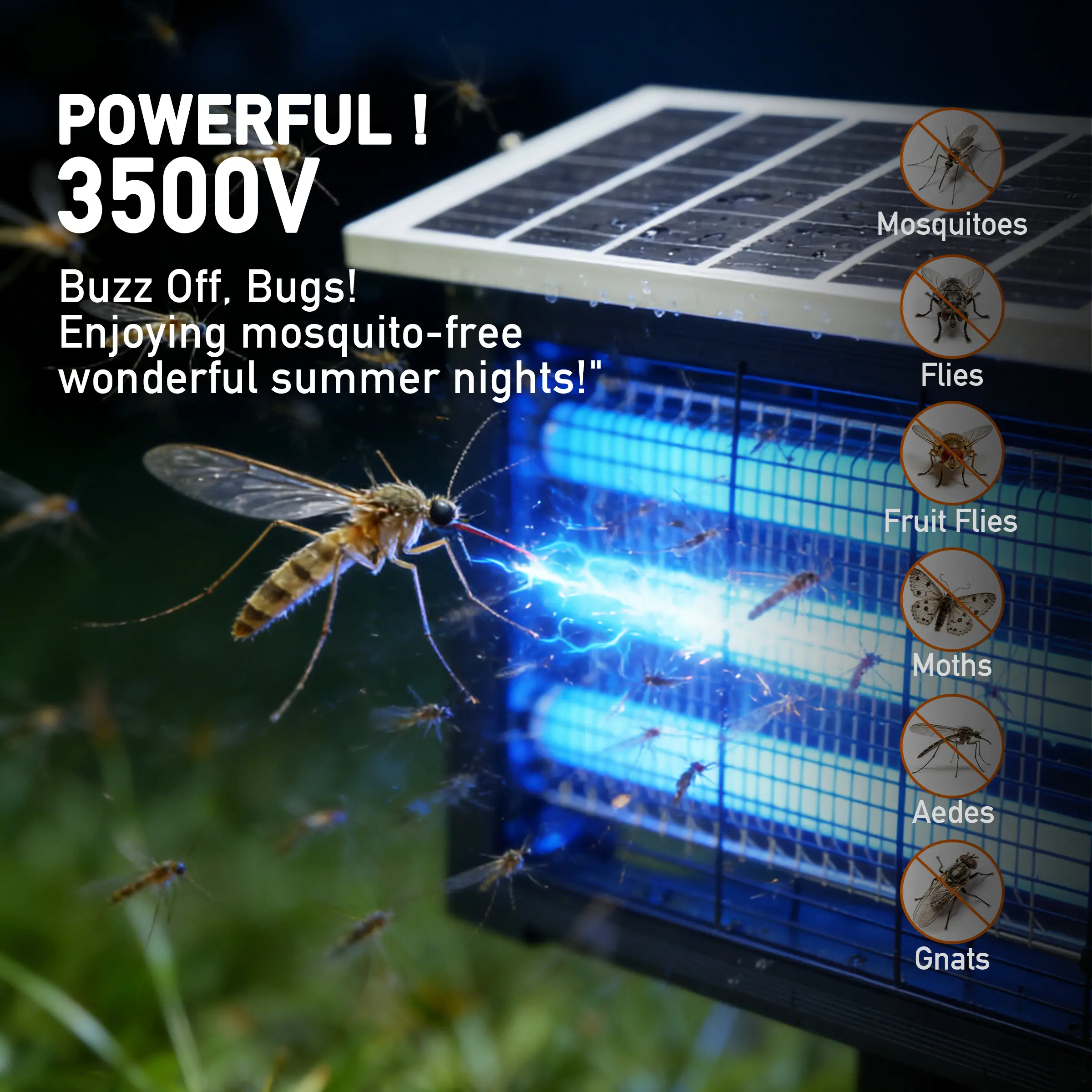 Exterminador de insectos LED para exteriores con energía solar – Diseño de tres tubos de 3500 V, interruptor automático sensible a la luz, luz ultravioleta UV-C que atrae y mata mosquitos.