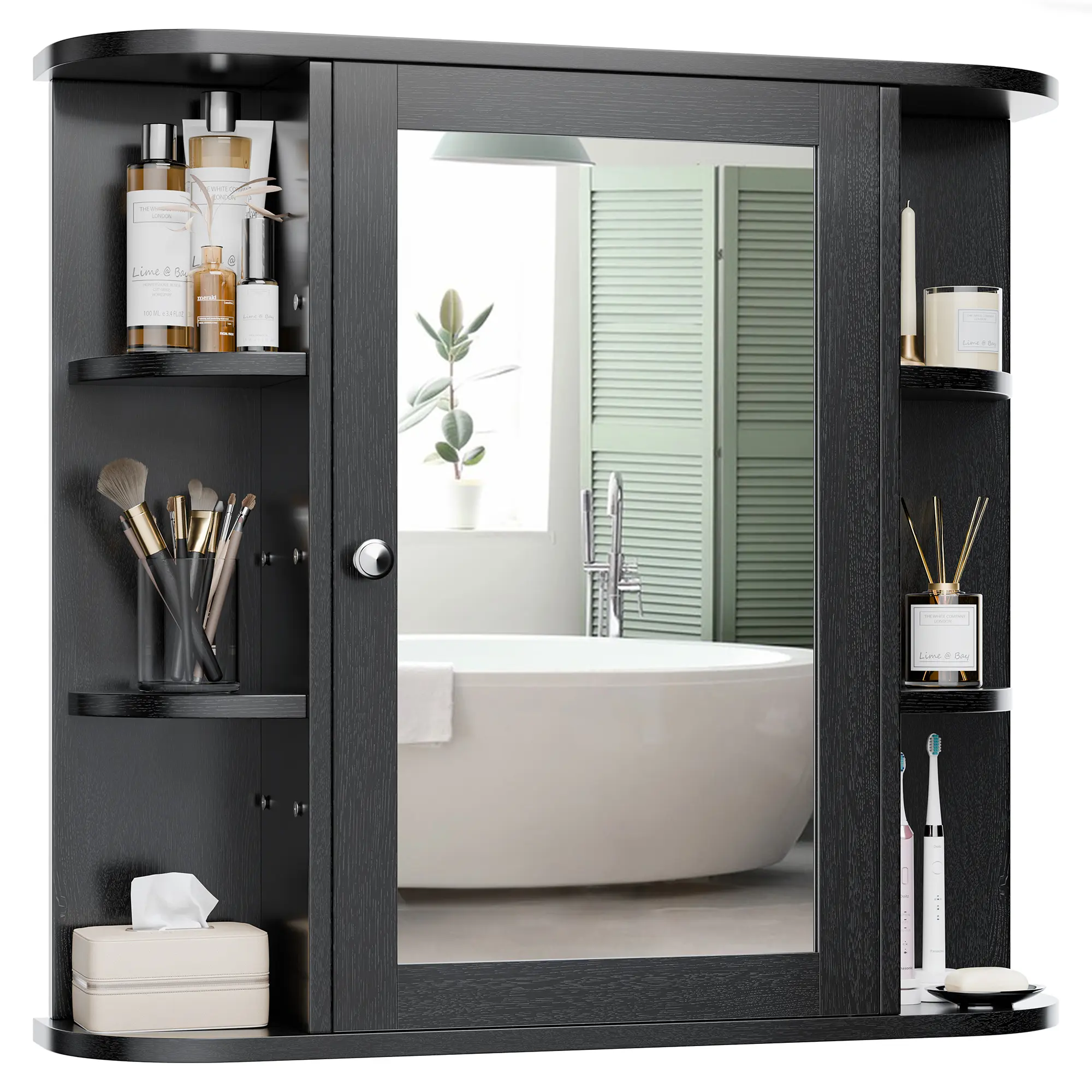 Mueble de baño mural con puertas de espejo y 6 estantes abiertos ajustables.