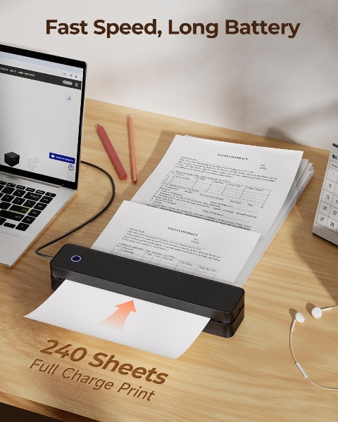 Portable Wireless Thermal Printer for Travel - Supports 8.5"x11" US Letter & A4 Thermal Paper, Inkless Bluetooth Document Printer for Laptop, PC & Mobile Devices