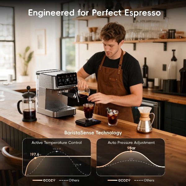 Esta cafetera espresso 4 en 1 cuenta con espumador de leche, pantalla táctil LED, bomba de 20 bares, depósito de agua extraíble de 1,5 litros y un diseño compacto de acero inoxidable. Permite preparar café de filtro, café frío y café caliente, así como la