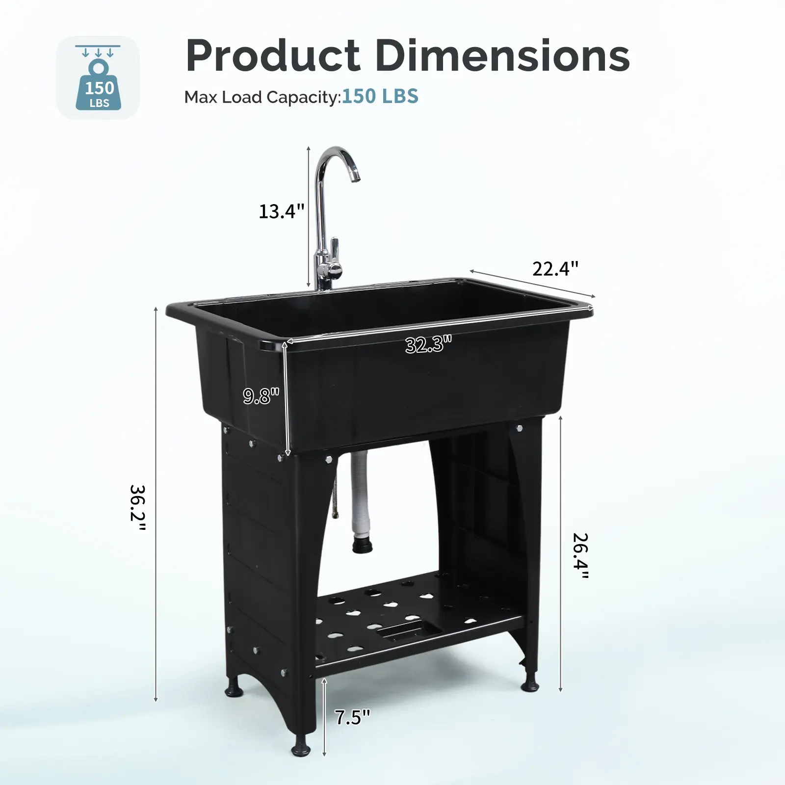 Fregadero multifuncional con grifo y estante, patas de plástico y metal.