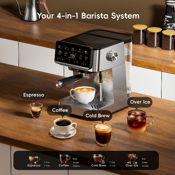 Esta cafetera espresso 4 en 1 cuenta con espumador de leche, pantalla táctil LED, bomba de 20 bares, depósito de agua extraíble de 1,5 litros y un diseño compacto de acero inoxidable. Permite preparar café de filtro, café frío y café caliente, así como la