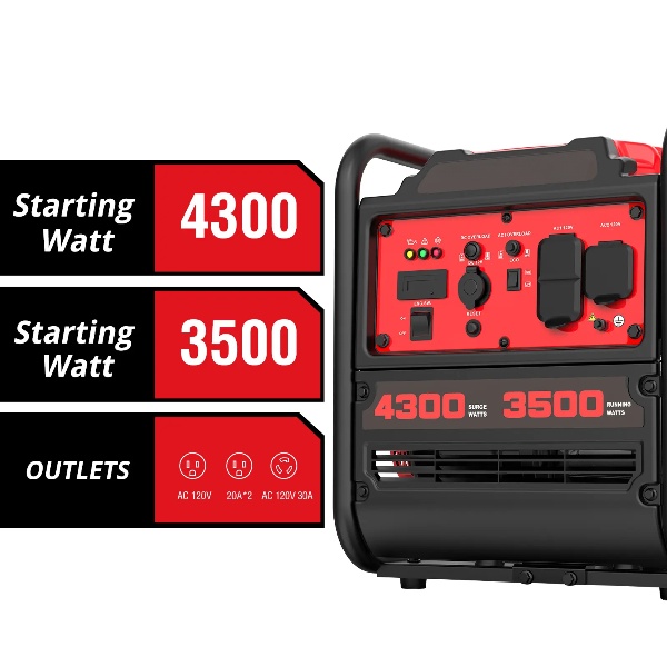 Generador inversor portátil de 4300-4500 vatios, alimentado por gasolina, equipado con un sensor de monóxido de carbono, conforme a la normativa EPA.