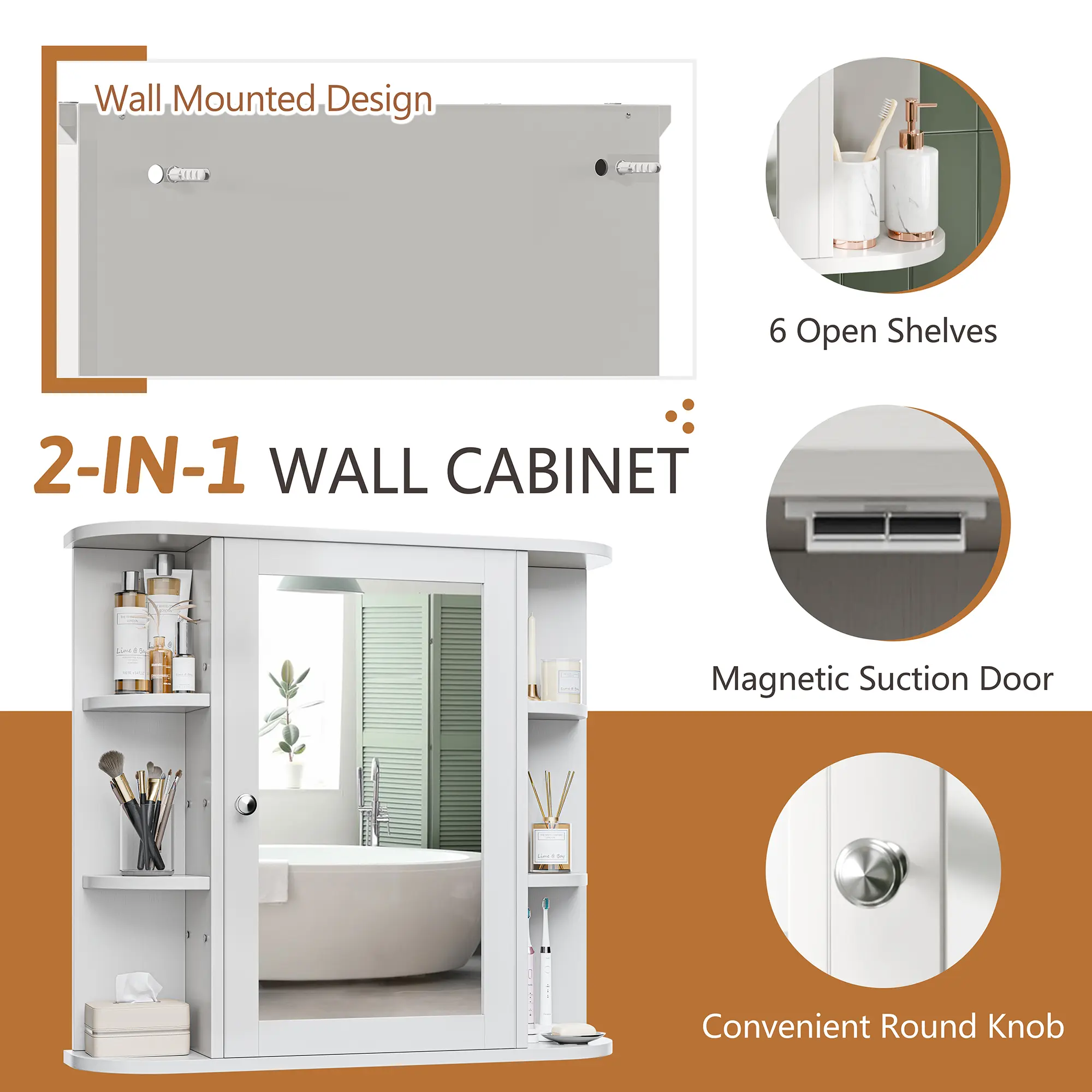 Mueble de baño mural con puertas de espejo y 6 estantes abiertos ajustables.
