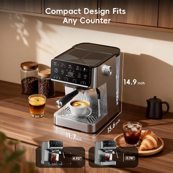 Esta cafetera espresso 4 en 1 cuenta con espumador de leche, pantalla táctil LED, bomba de 20 bares, depósito de agua extraíble de 1,5 litros y un diseño compacto de acero inoxidable. Permite preparar café de filtro, café frío y café caliente, así como la